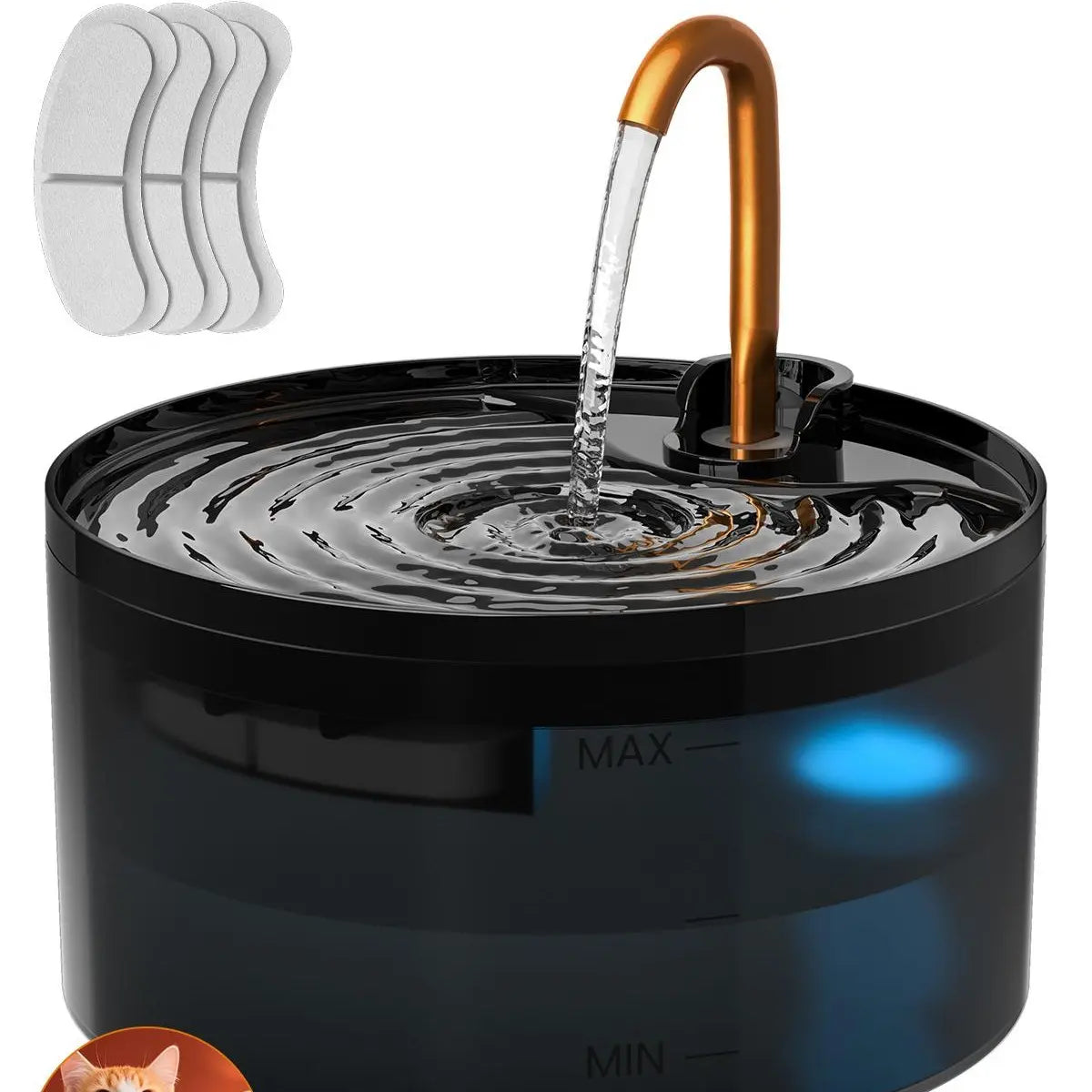 MISFANS Silent Cat Water Fountain 2.1L Pet Water Fountain Ultra-Quiet Copper Spout Night Light 6-Layer Filter Soft Blue LED Automatic Gravity Feeder|Wired Plug-In Model